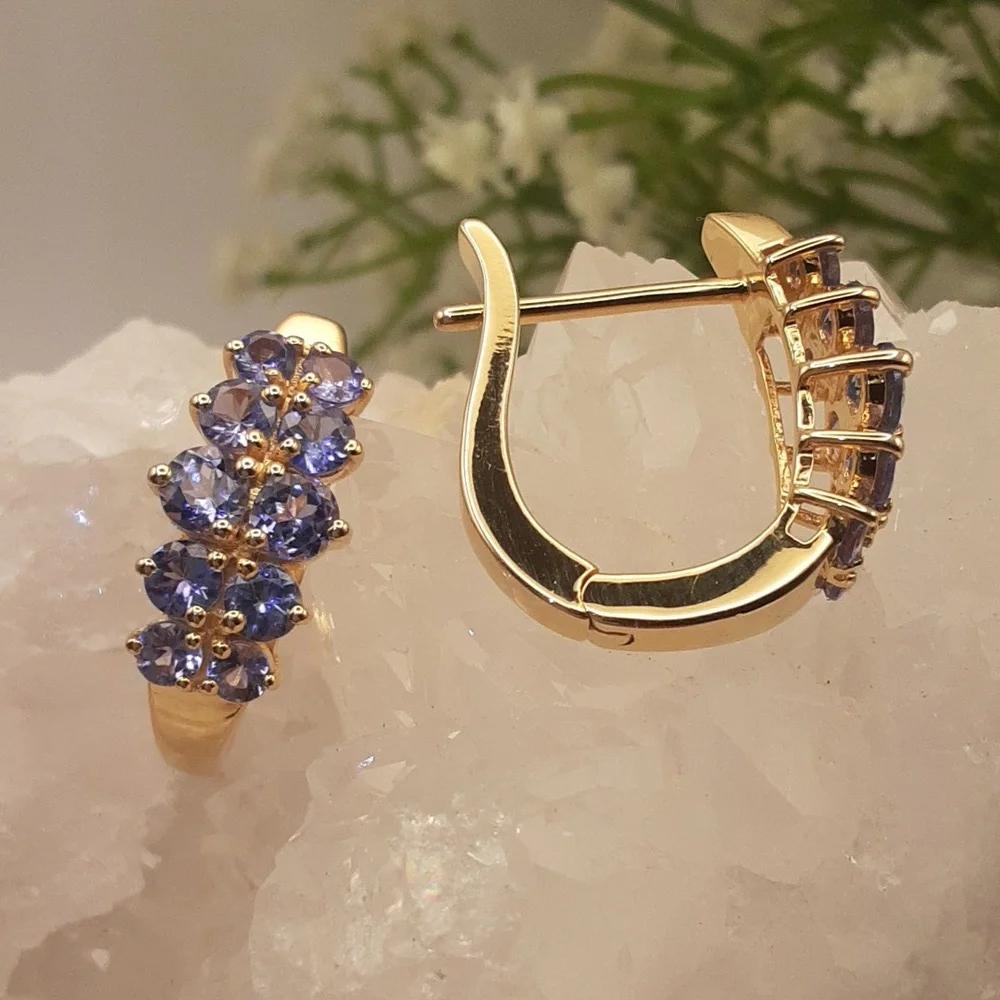 Yellow Gold Over 925, Genuine Tanzanite Hoop Earrings. - Picture 4 of 5